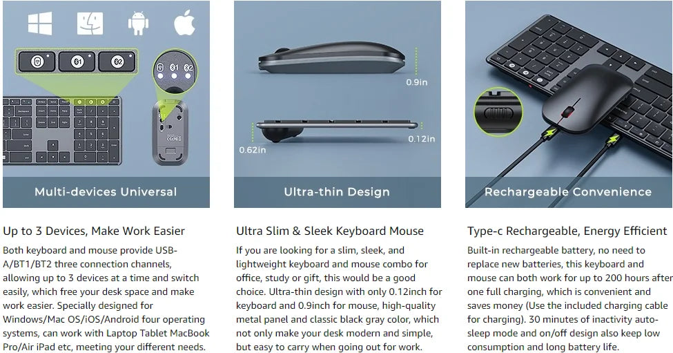Combo Teclado y Mouse Inalámbricos con Bluetooth Seenda Multi-Device Rechargeable